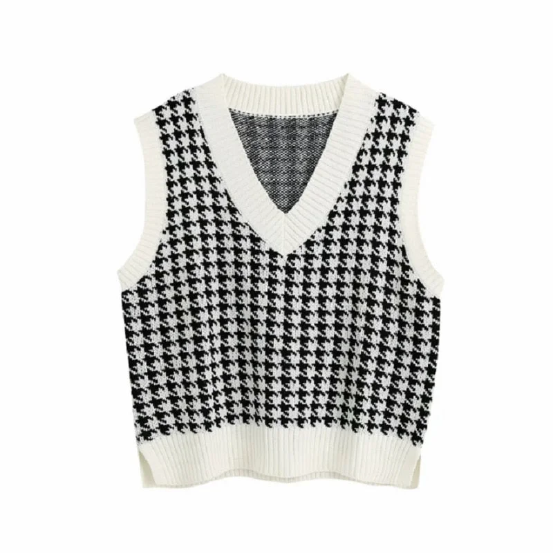 Women Sweater Vest 2020 Autumn Knitted Houndstooth V-Neck Pullover Fashion Oversized Sleeveless Female Waistcoat Jumper Tops