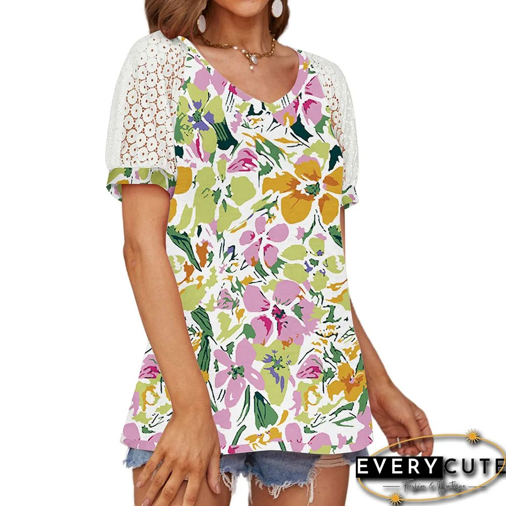 Purple Floral Print Spliced Lace Sleeve V Neck Tops