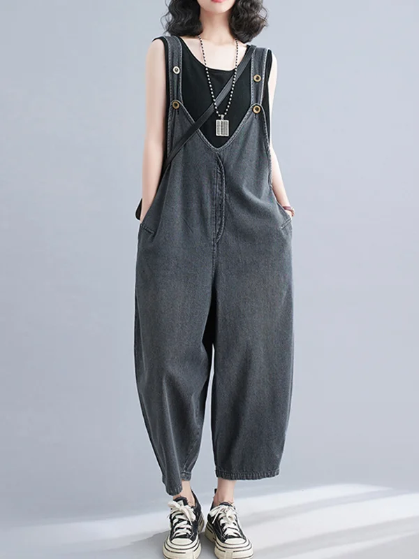 Cropped Loose Denim Buttoned Overalls