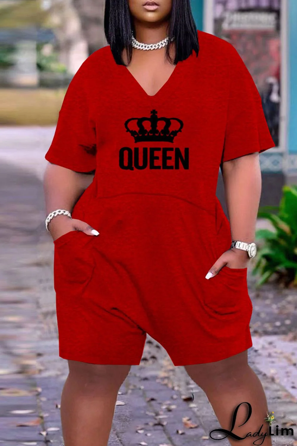 Light Gray Casual Print Split Joint Pocket V Neck Loose Jumpsuits