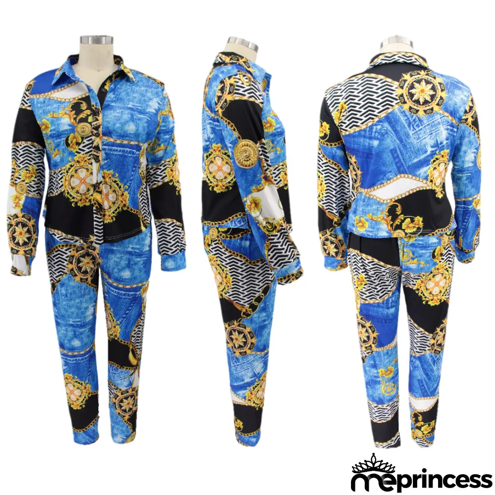 Plus Size Women Vintage Printed Long Sleeve Shirt + Pants Two-Piece Set