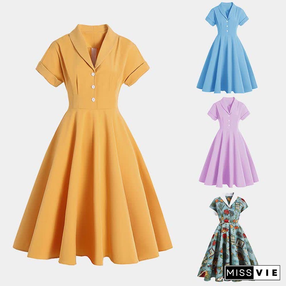 Vintage High Waist Lapel A-line Dress