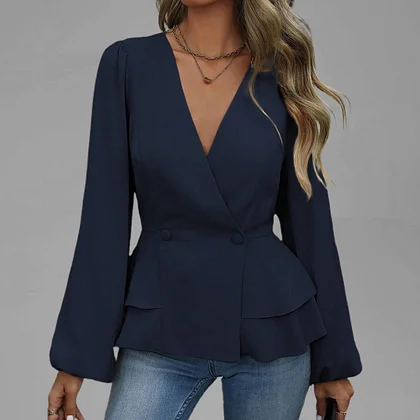 Women's Elegant Wrap V Neck Double Breasted Lantern Seeve Peplum Blouse