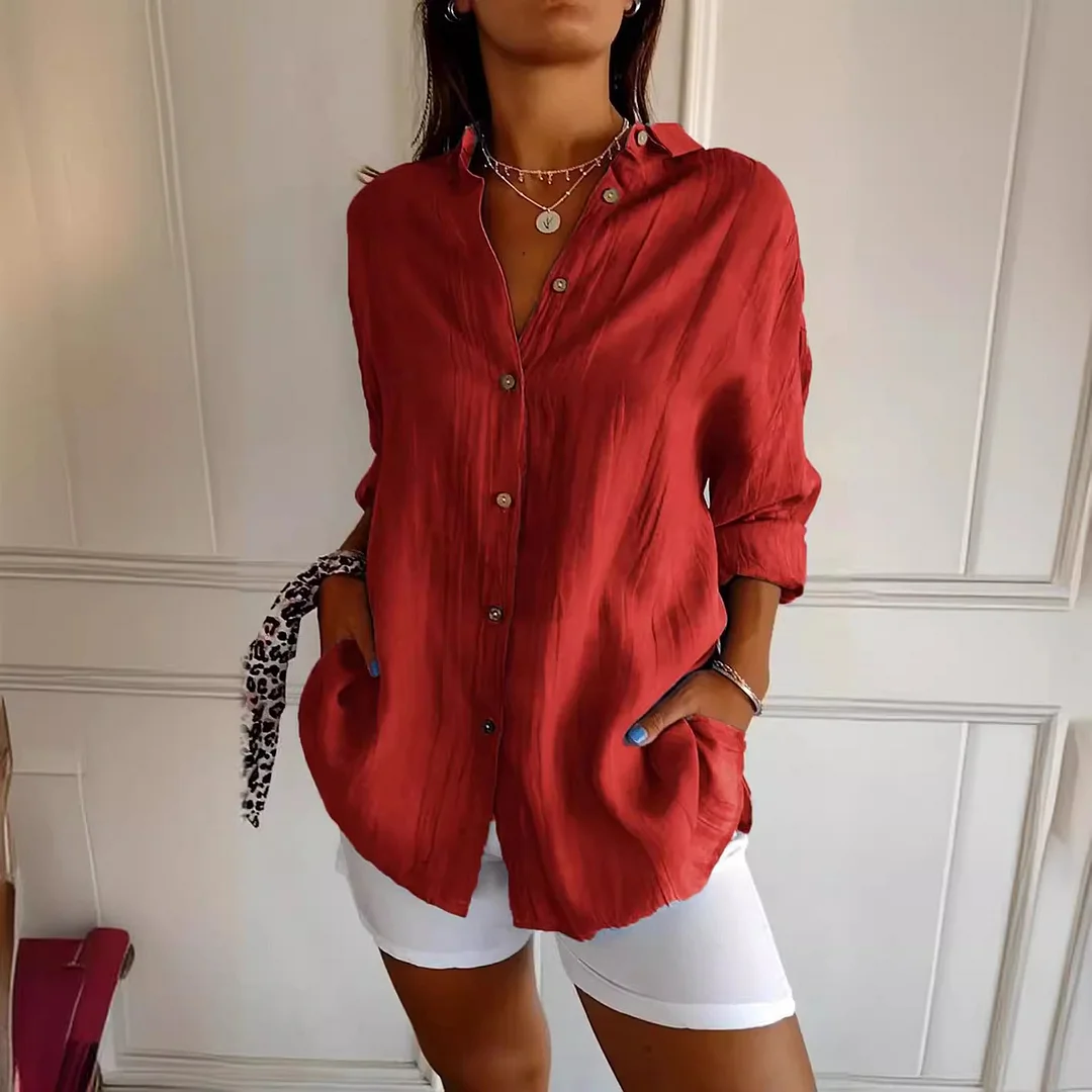 Nigikala Nigikala New Single-Dran Buckle Folding Collar Shirt Burst Lady Solid Color Can Sleeve Top
