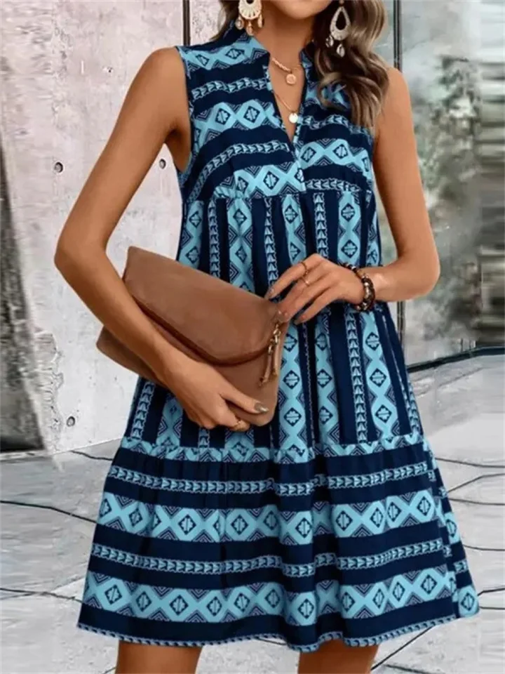 Multicolor Women's Print Stripes Sleeveless V-neck Personalized Wind Dresses Summer New Casual Commuter Dress | 168DEAL