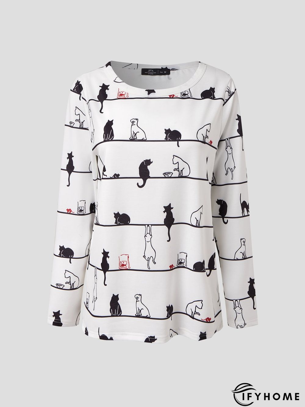 Women Casual Cute Cat Crew Neck Long Sleeve Shirt & Top | IFYHOME