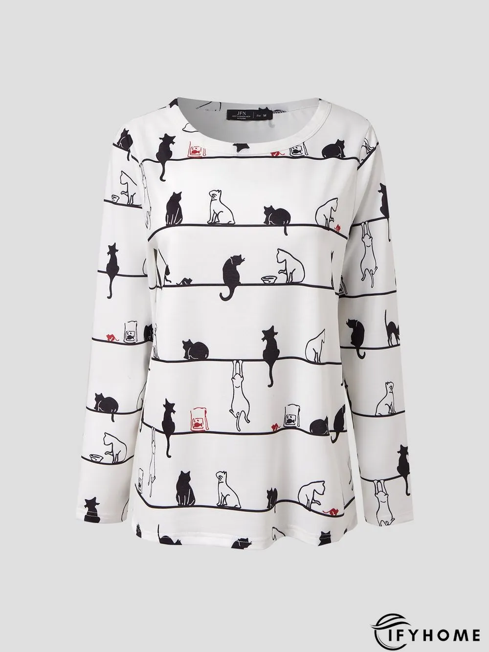 Women Casual Cute Cat Crew Neck Long Sleeve Shirt & Top | IFYHOME