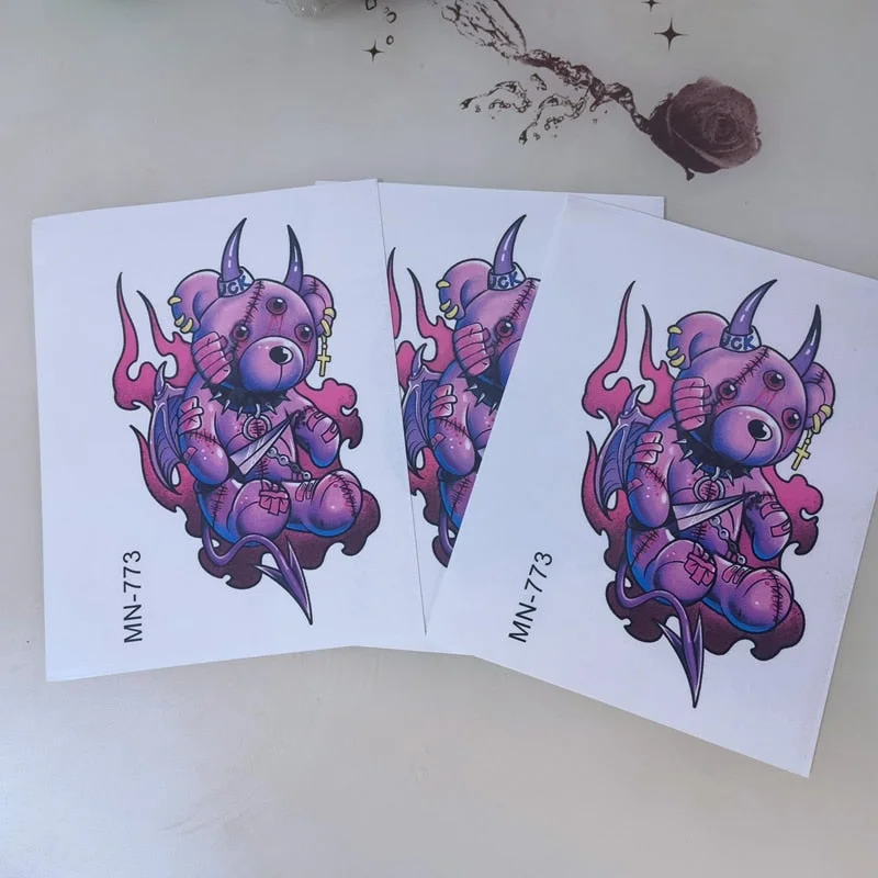 Gothic Bear Temporary Watercolor Tattoo Stickers Female Waterproof Cartoon Cute Horror Art Fake Tattoo Flower Arm Tattoo Sticker