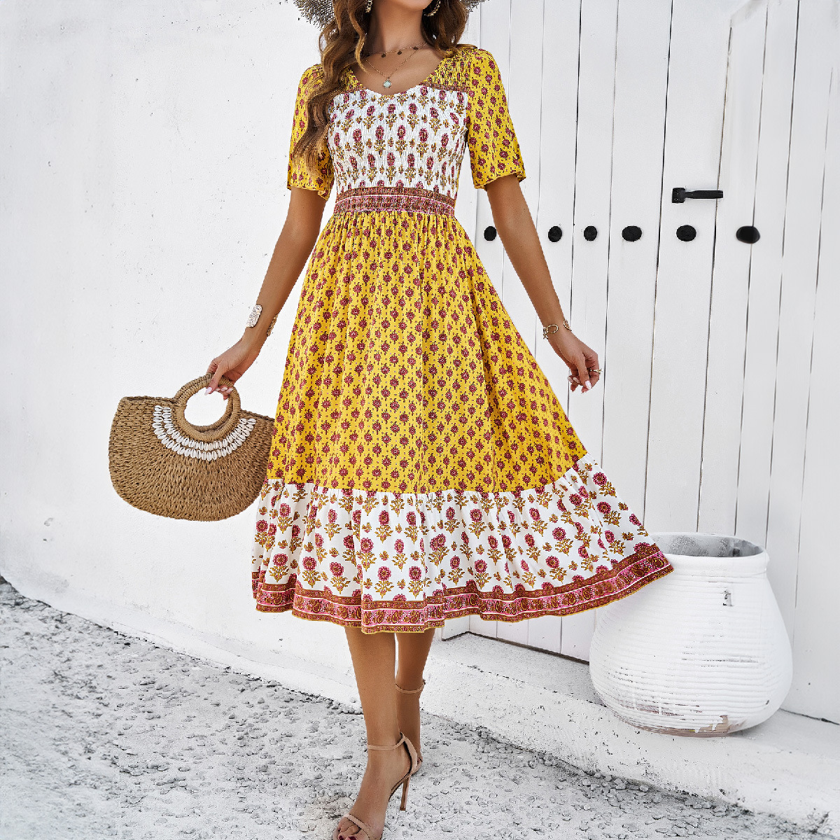Mature Women Summer Vacation Casual Printed Dress