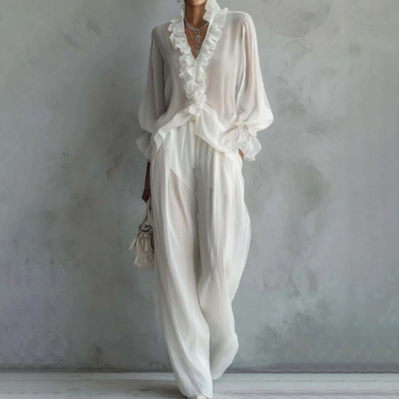 Elegant Lace Long-sleeved Shirt And Wide-leg Pants Set elevenforest