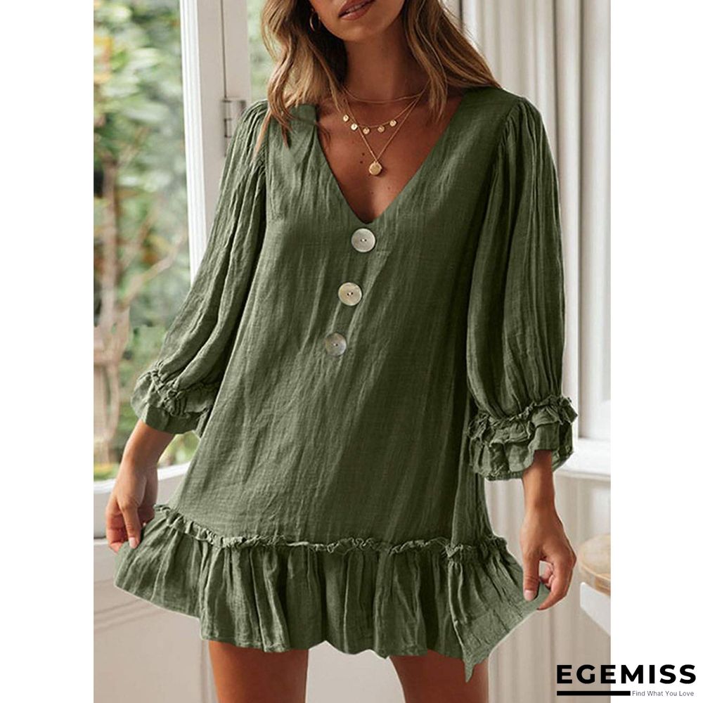 A-line Skirt Loose Long Sleeve Ruffle Hem Cotton Linen Dress | EGEMISS