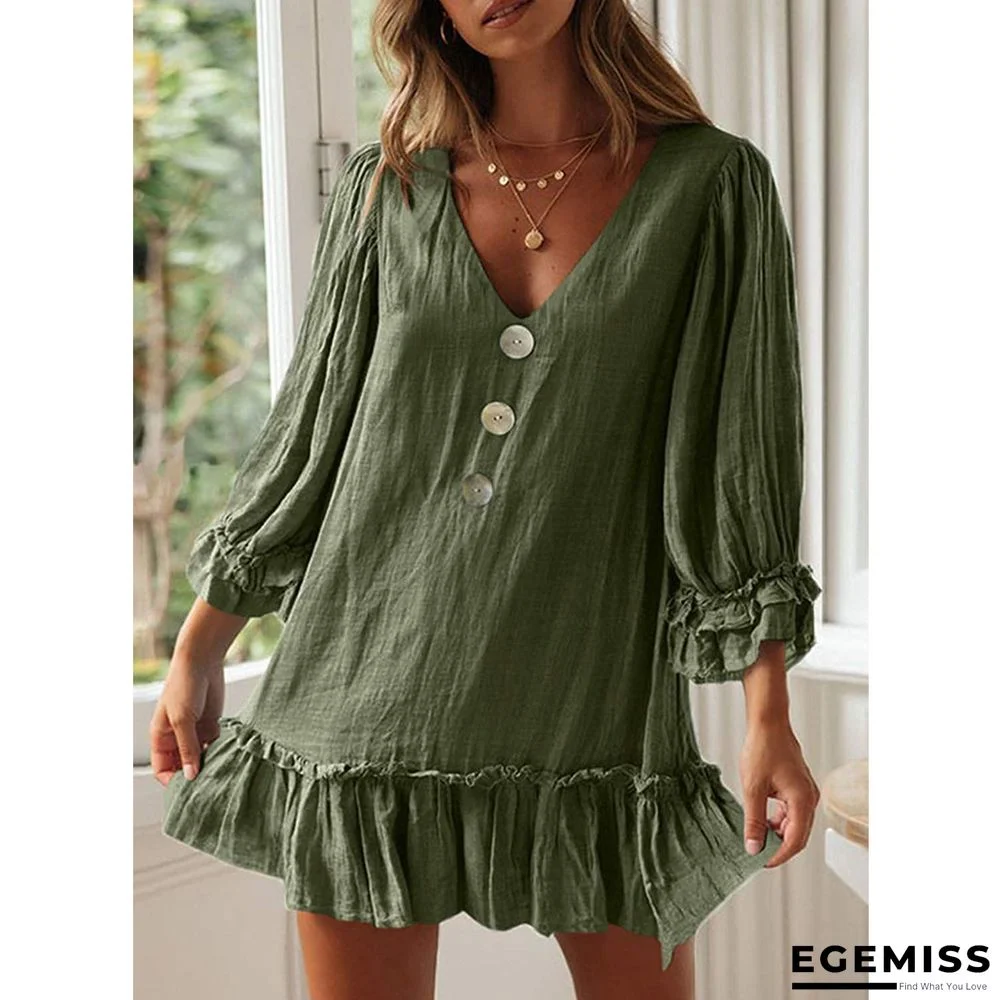 A-line Skirt Loose Long Sleeve Ruffle Hem Cotton Linen Dress | EGEMISS