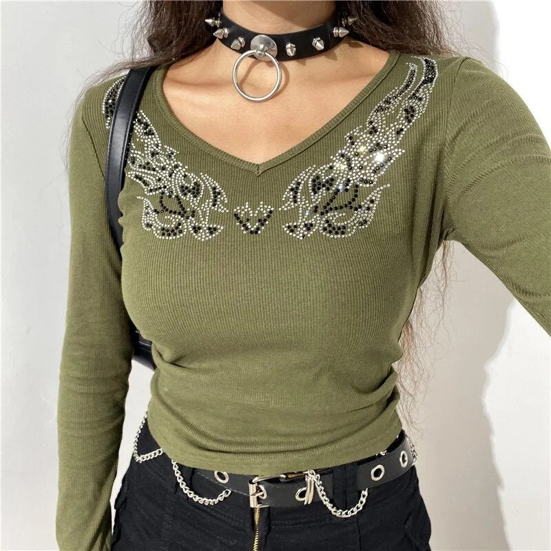 Xingqing Rhinestone Wing Green Grunge Graphic T Shirt Vintage Aesthetic Brown Slim Long Sleeve Autumn Tops Women V Neck Baby Tee