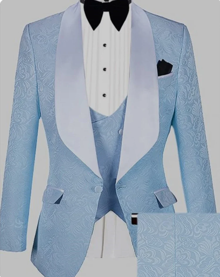 Bellasprom Classy Baby Blue Floral Jacquard Suit Three Pieces Men's Wear Bellasprom