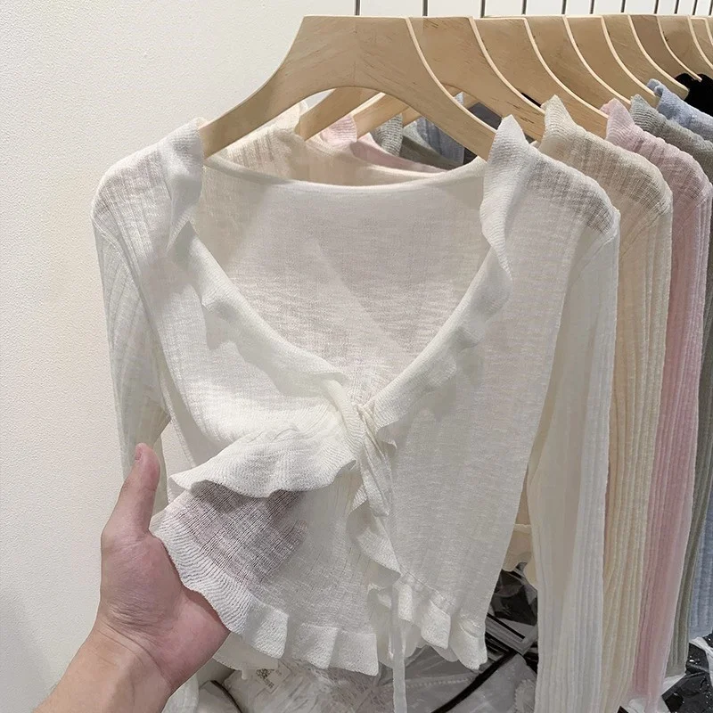 Uveng Uveng Ice Silk Knitted Cardigan Long Sleeve 2024 Summer Black Outer Short Air Conditioning Shirt Sunscreen Shawl Woman