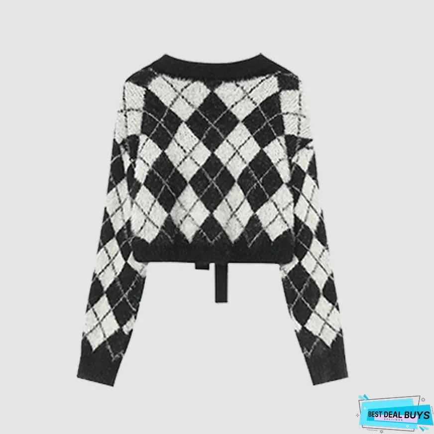 Tie + Argyle Pattern Cropped Sweater