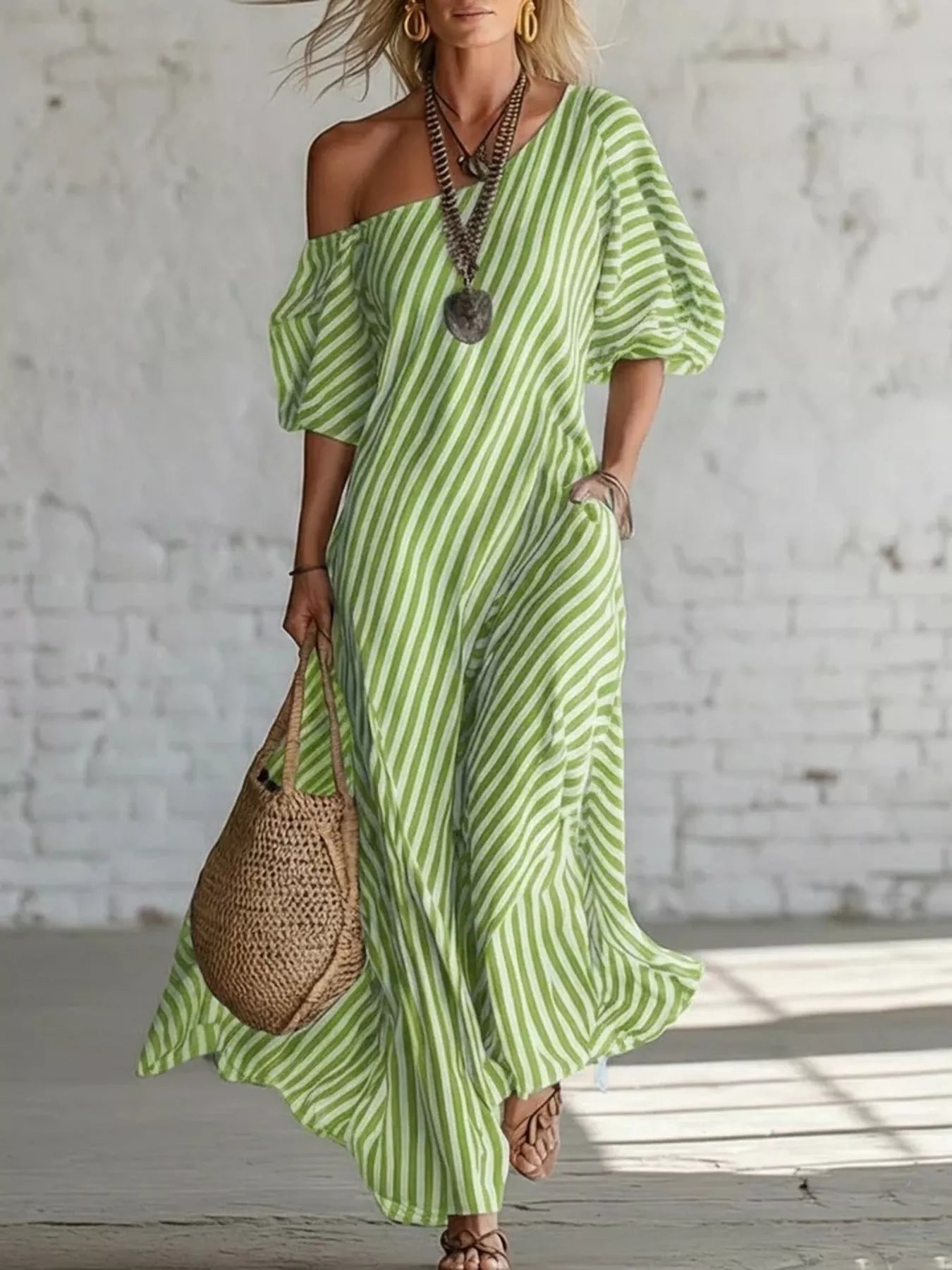 Full Size Striped One-Shoulder Casual Maxi Dress Plus Size mysite idetrend