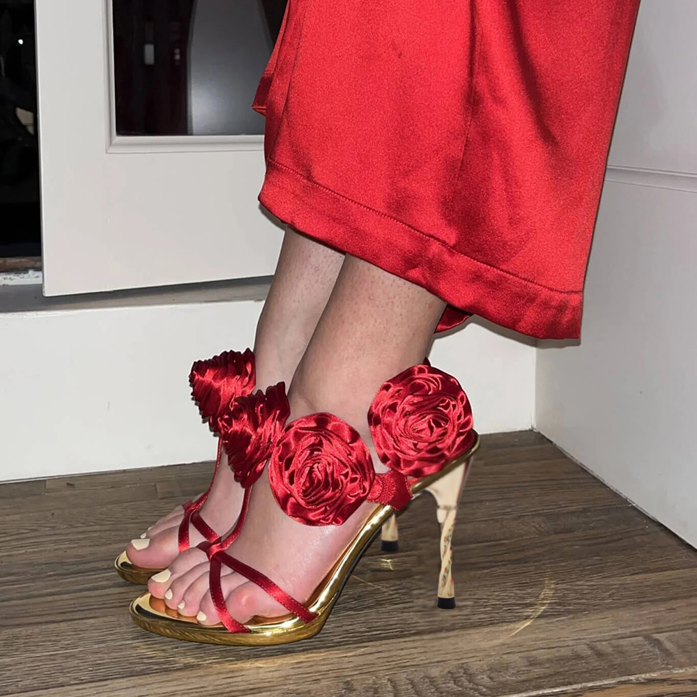 Red Satin Open Toe 4'' Stiletto Heel T-Strap Sandals Nicepairs