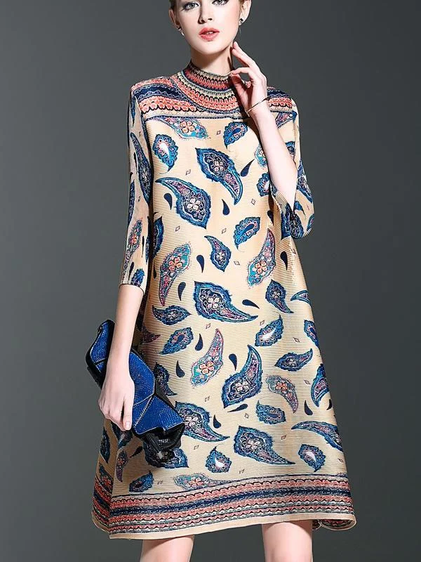 Fashion printed three-quarter sleeve loose stretch pleated dress