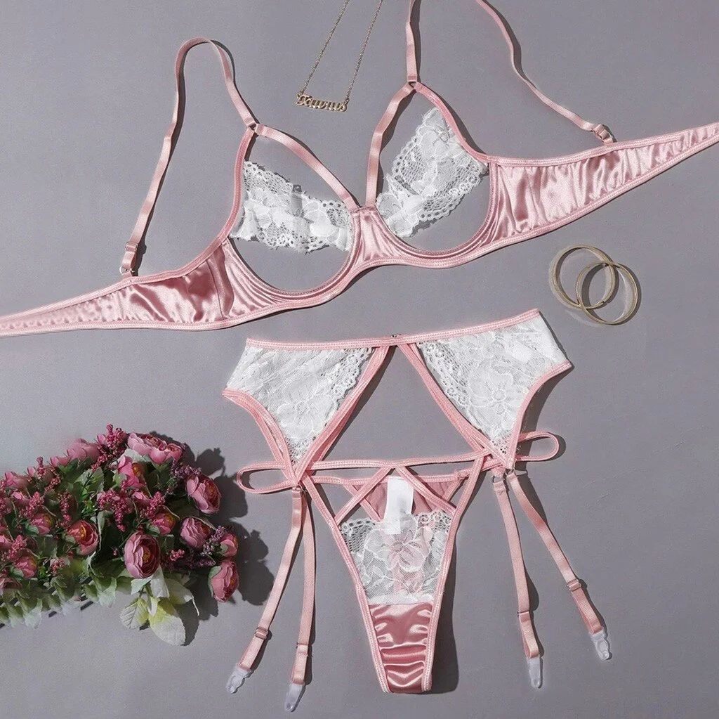 Women's Underwear Sexy Lace Temptation Three Point Lingerie Push Up Bra With Steel Ring Underwear Sets Transparent Bra Thong Set