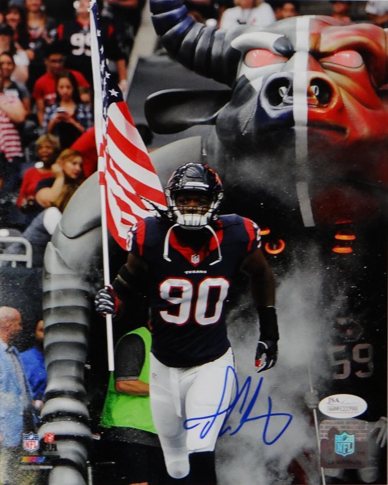 Jadeveon Clowney Autographed Texans 8x10 PF Photo Poster painting w/ Flag- JSA W Auth *Blue