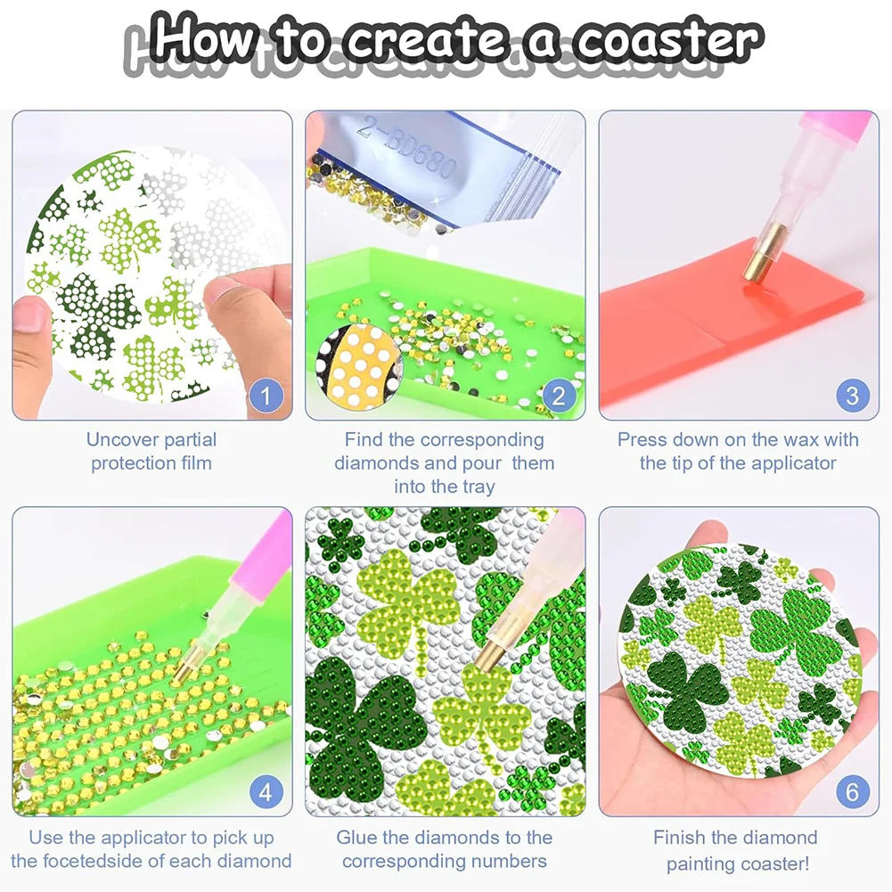 8pcs DIY Saint Patricks Day Wooden Diamond Painting Art Coaster Kit with Holder for Adults Kids
