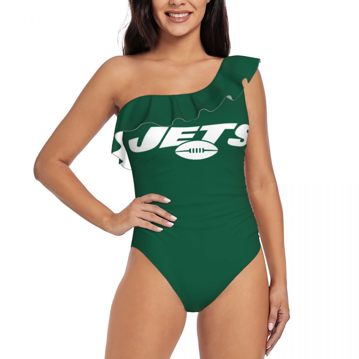 New York Jets Logo One Shoulder Asymmetric Ruffle Swimsuits