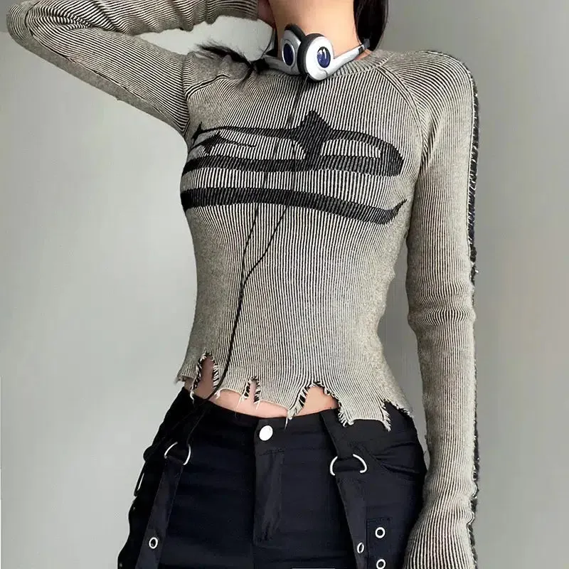 Brownm Long Sleeve Distressed Top
