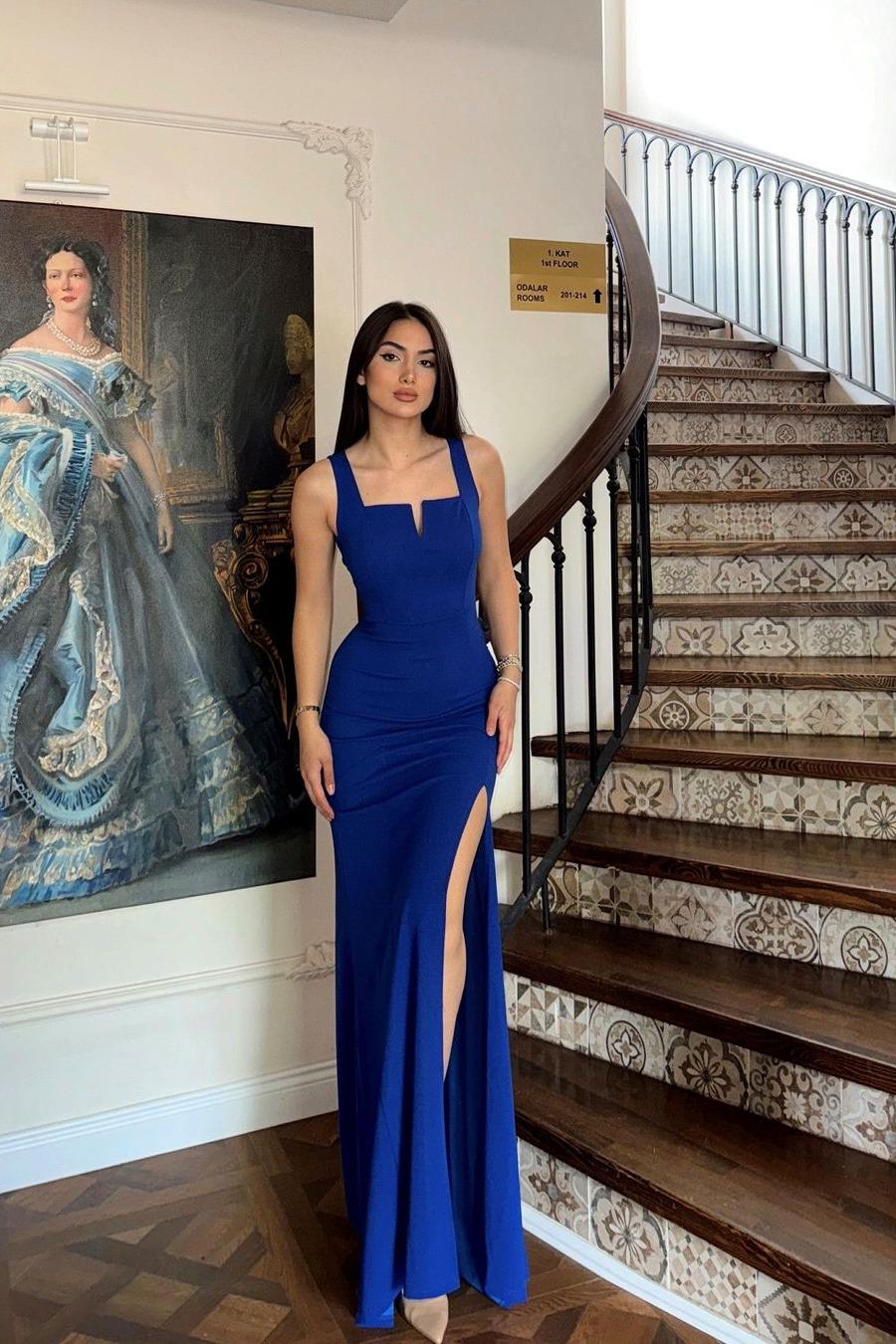 Lvs&Broner Blue Spaghetti Strap Sleeveless Pleated Long Prom Dress With Side Split
