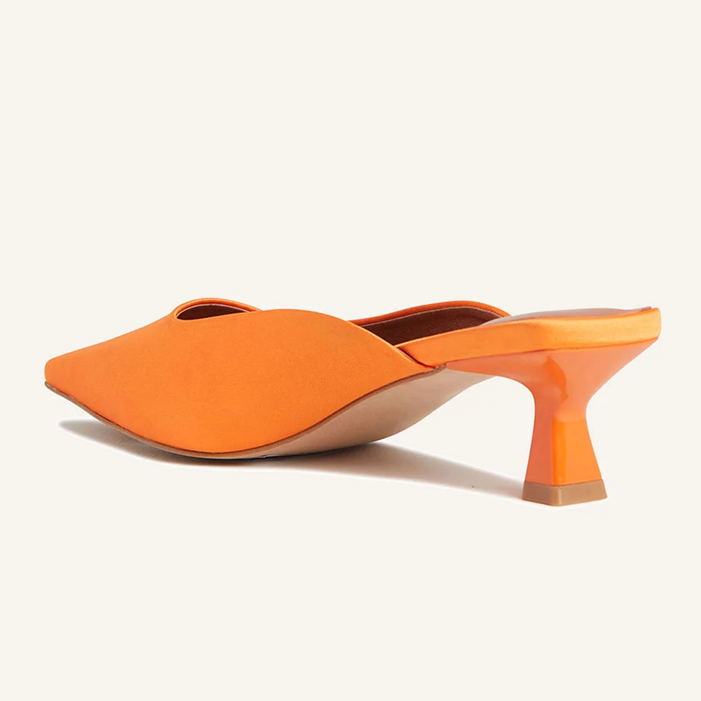 YDN Orange Satin Kitten Heel Pointed Toe Mules Shoes for Women
