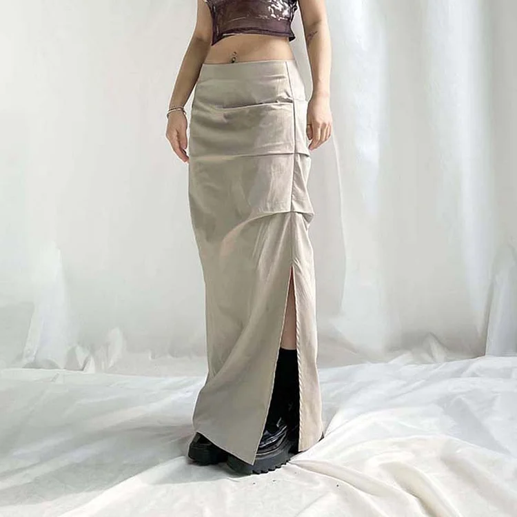 Retro Solid Color Asymmetrical Folds Side Slit Long Cargo Skirt 