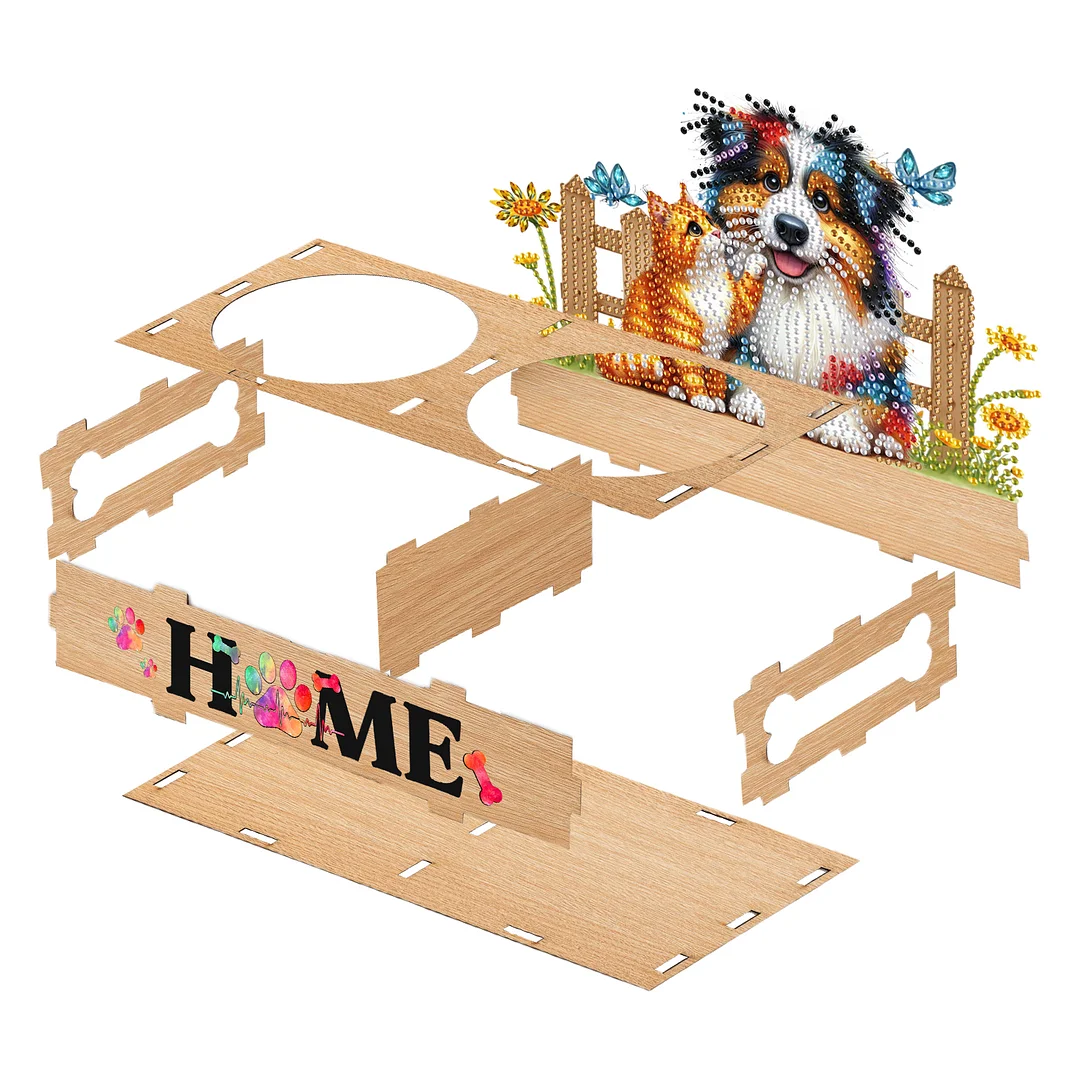 Diamond Painting Food Bowl with Wood Stand Diamond Art Dog Bowl for Small Dogs
