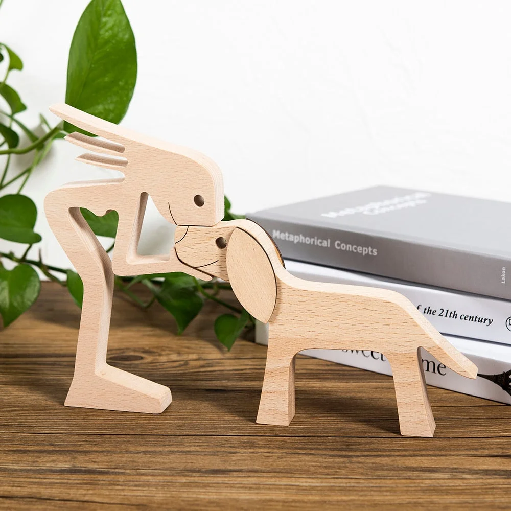 Family Puppy Wood Dog Craft Figurine Desktop Table Ornament Carving Model Creative Home Office Decoration Love Pet sculpture 515