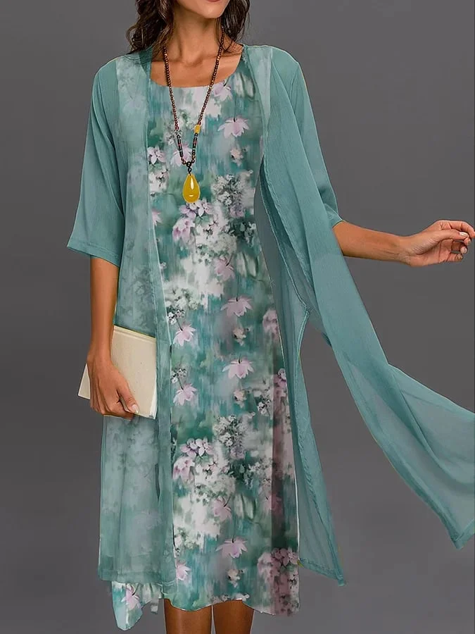 Women's Floral Print Half-Sleeve Dress Two-Piece Set