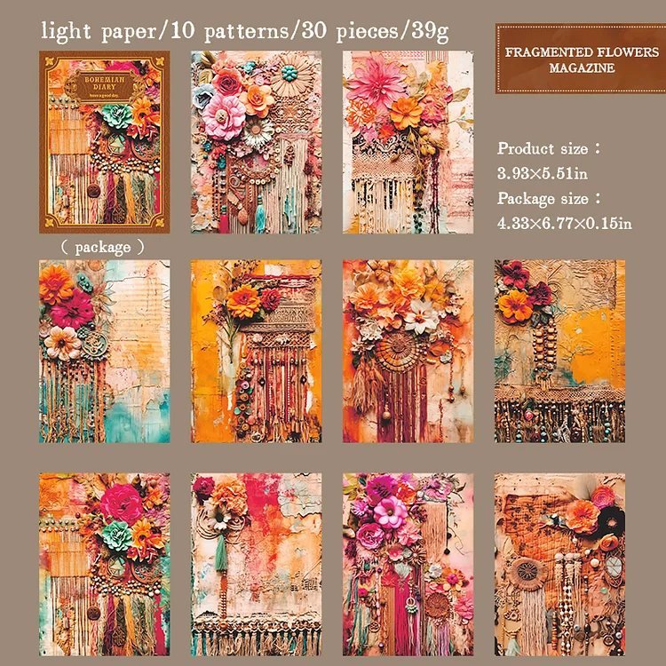 Journalsay 30 Sheets Bohemian Diary Series Vintage 3D Simulated Flowers Material Paper