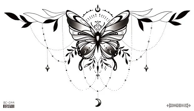 Sdrawing Temporary Tattoo Sticker leaf flower plant black sketch Fake Tatoo Breast Chest Back Belly Flash Tatto For Women Girl