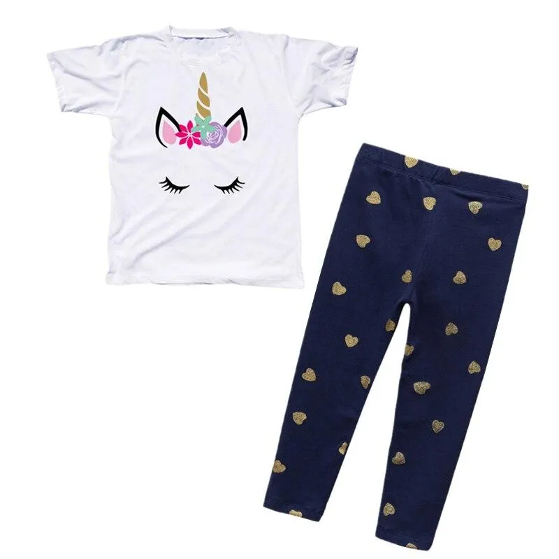 Girls Summer Clothes Set Unicorn Short Sleeve T-shirt+Pants 2PCS Outfits Kids Cartoon Print Cotton Leggings Children Clothing