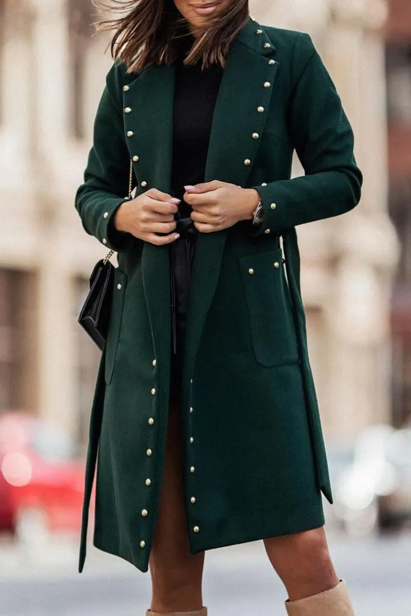 Elegant Solid Rivets Pocket Buttons Turn-back Collar Outerwear