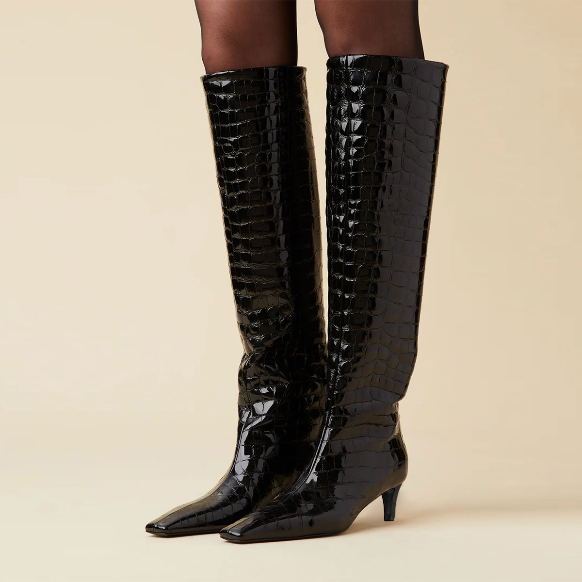 Black Patent Crocodile Embossed Square Toe Kitten Heel Tall Boots Nicepairs