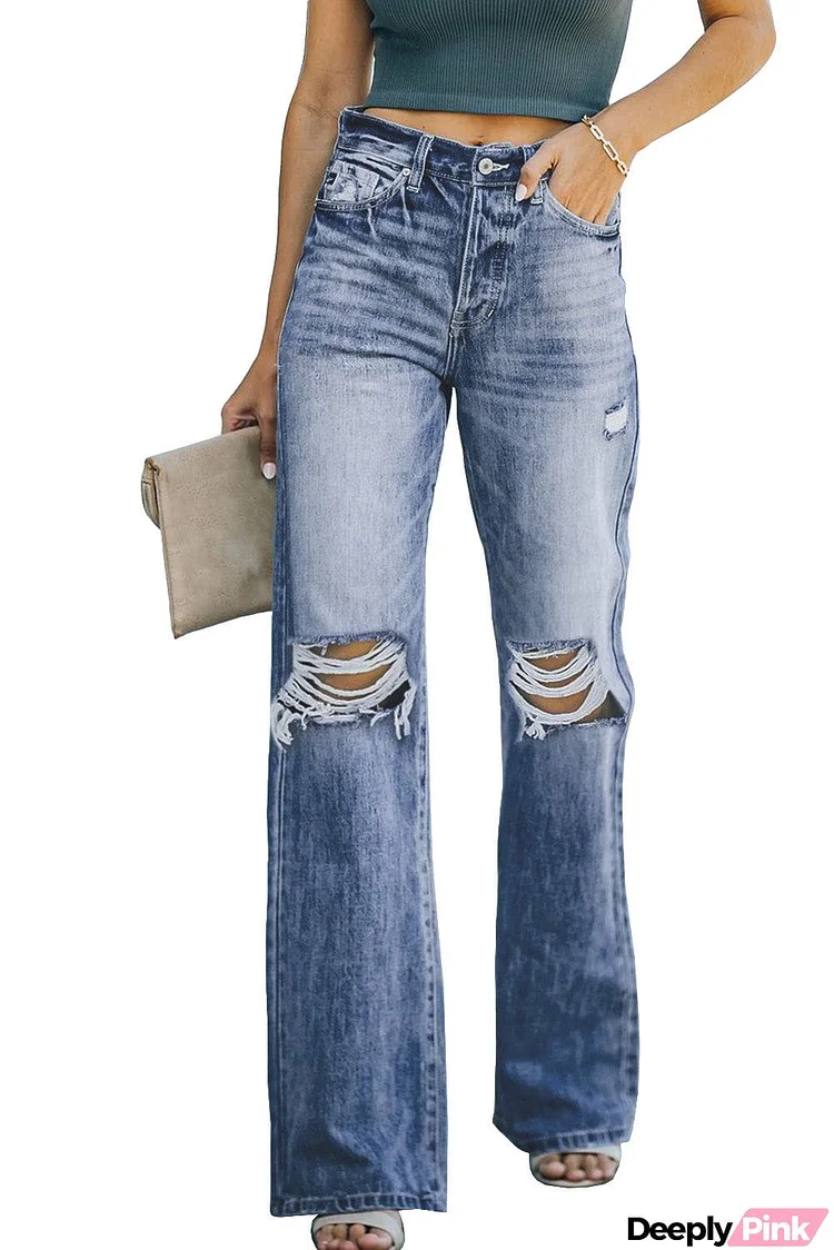 High Waist Distressed Ripped Hole Flare Jeans