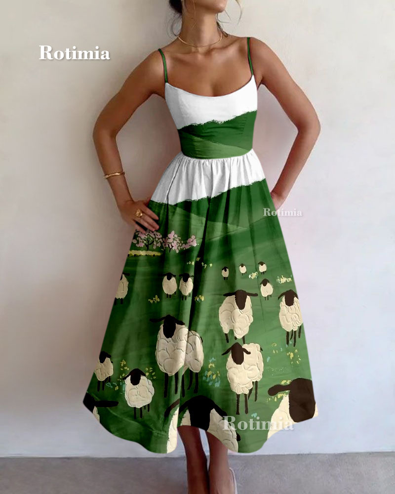 Vintage Cute Sheep Print Suspender Dress