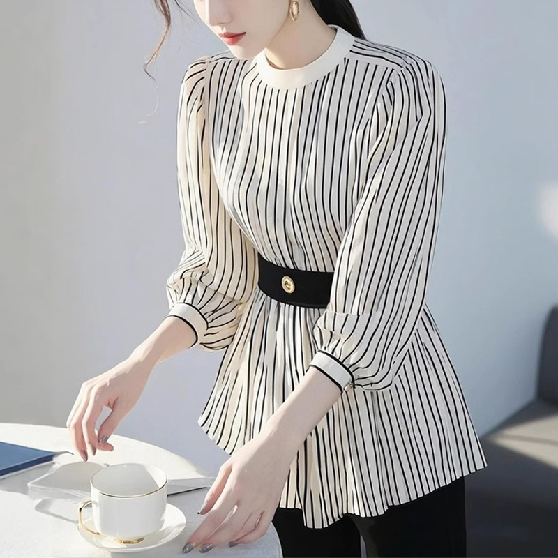 ストライプ柄 プルオーバー レディース 長袖 春服 ラウンドネック 切り替え レディース シャツ