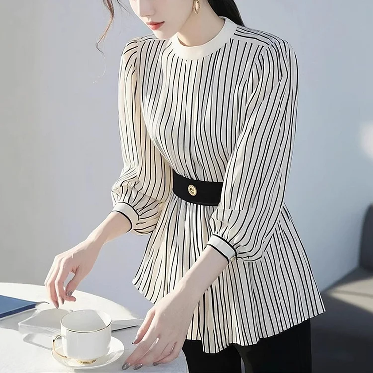 ストライプ柄 プルオーバー レディース 長袖 春服 ラウンドネック 切り替え レディース シャツ