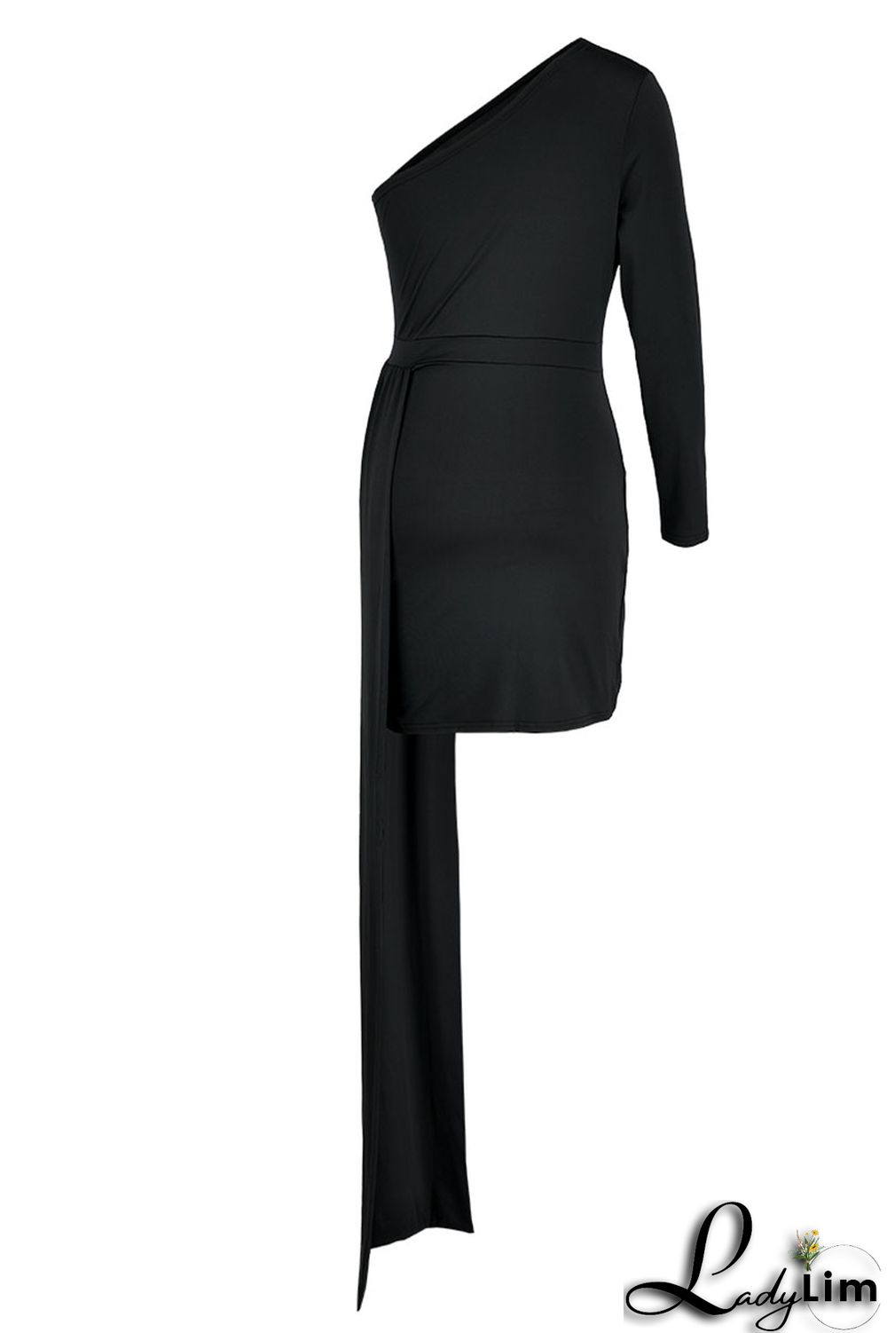Black Elegant Solid Patchwork Oblique Collar Pencil Skirt Dresses