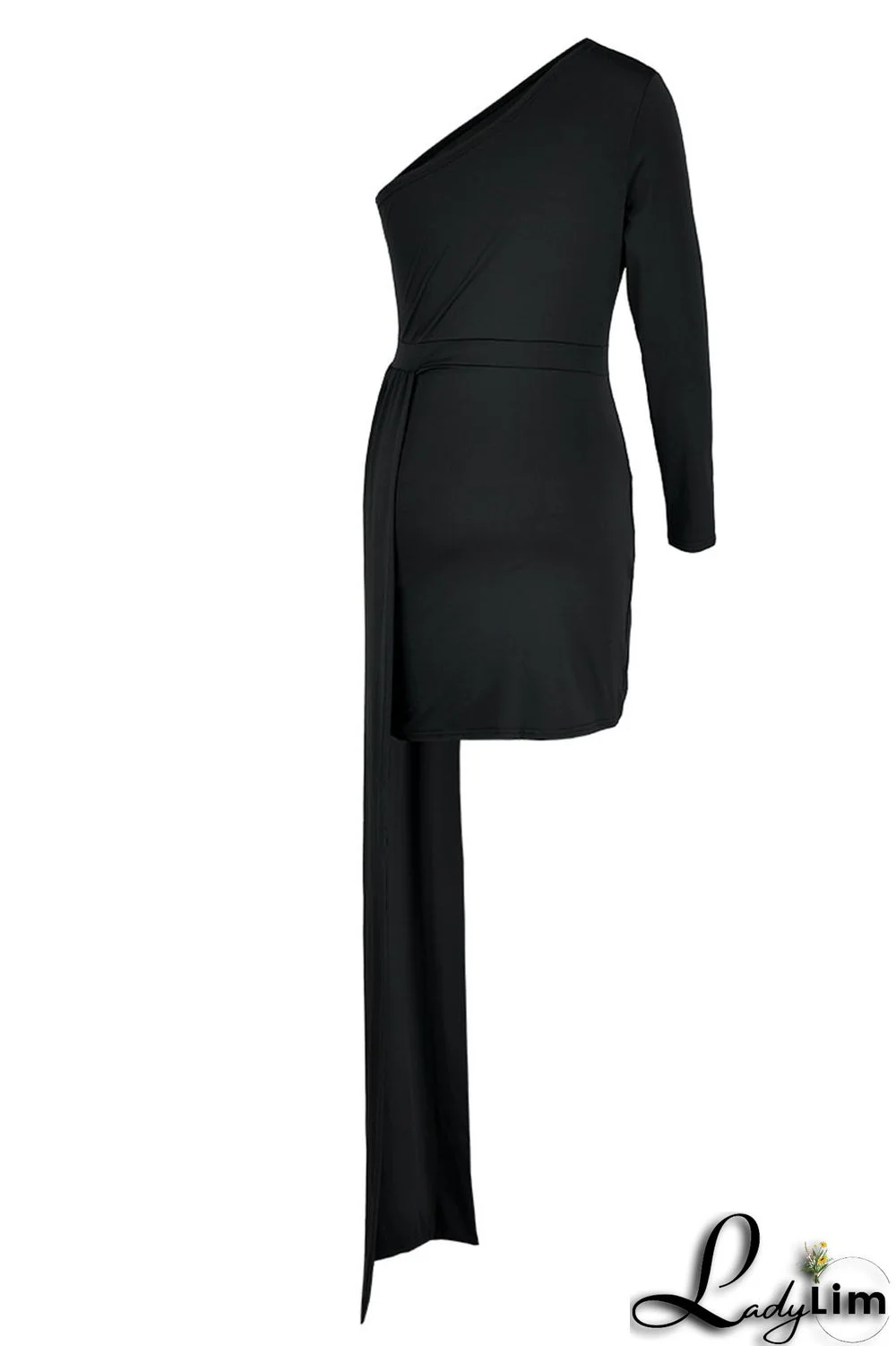 Black Elegant Solid Patchwork Oblique Collar Pencil Skirt Dresses