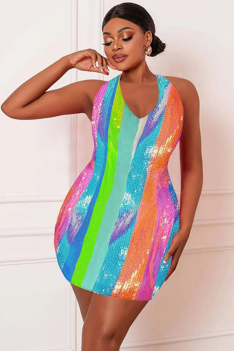 Xpluswear Design Plus Size Party V-neck Rainbow Sequin Mini Dresses 