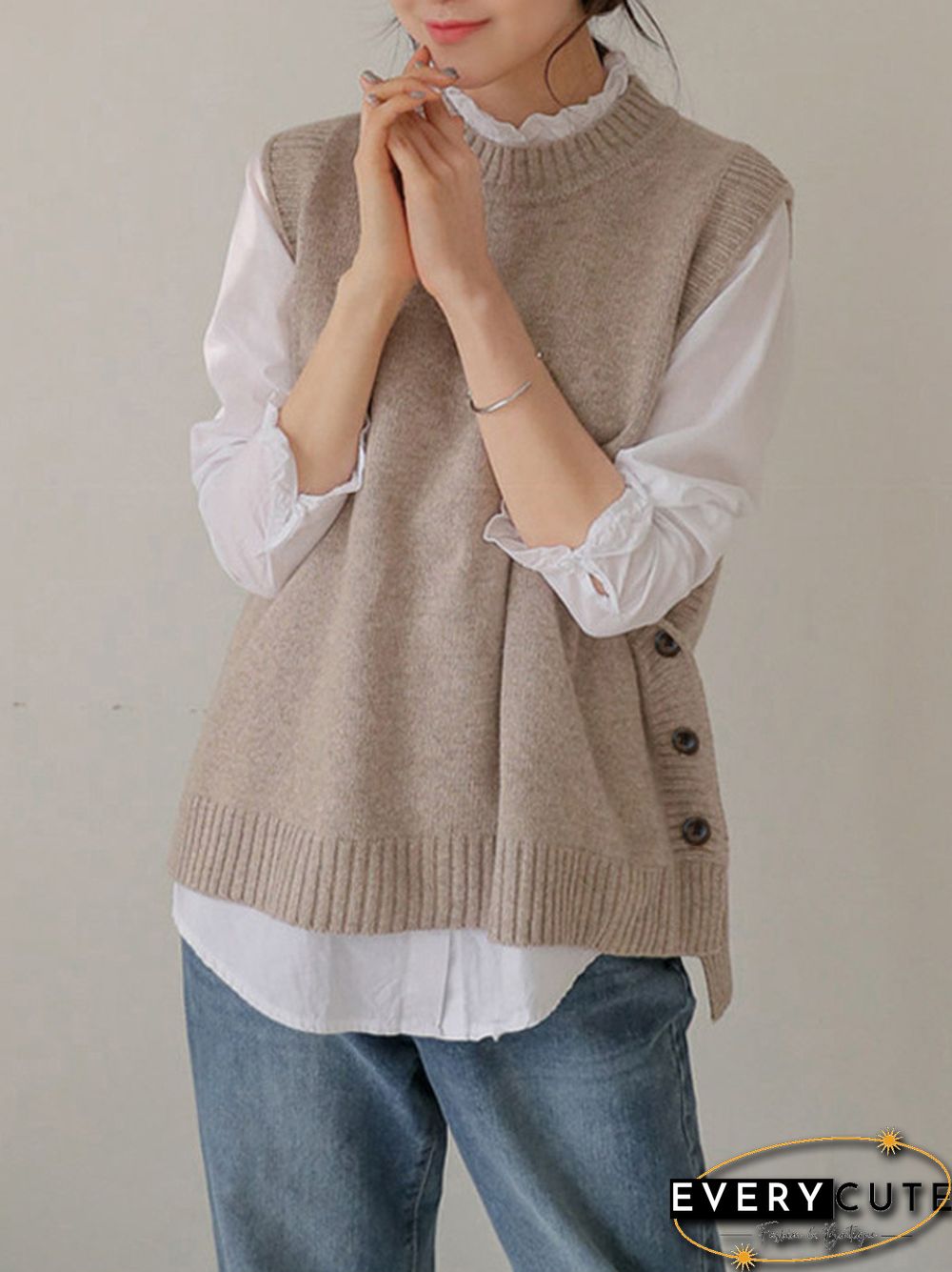Simple Sleeveless Loose Buttoned Solid Color Round-Neck Sweater Vest Outerwear