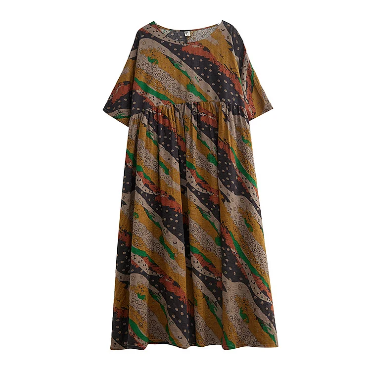 Classic Printed Round Neck Short Sleeve Maxi Dress - yankia