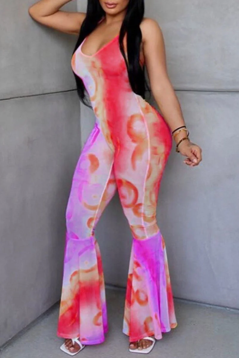 Sexy Print Bandage Patchwork Backless Flounce V Neck Straight Jumpsuits
