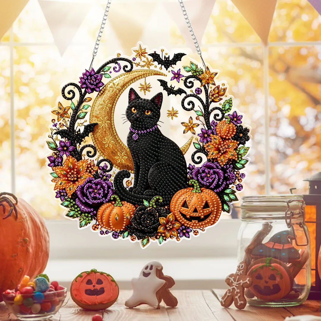 Halloween Black Cat Moon 2D Flat DIY Diamond Painting Charms for Wall Decor